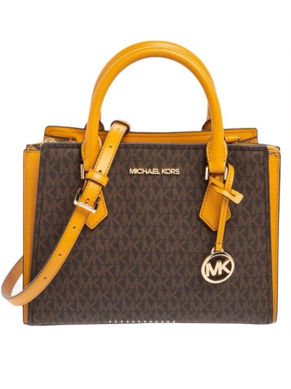 MICHAEL MK "HOPE" LOGO 🤎BROWN & MARIGOLD💛 MEDIUM MESSENGER BAG 💛LIKE NEW💛